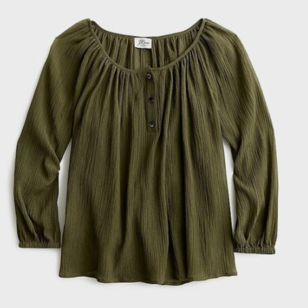 J.Crew Point Sur Popover Top in Crinkle Silk - Color: Olive Green, Size: XS, NWT